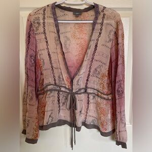 J. Jill Boho Wrap Blouse Pink Floral Paisley Tie Waist Rayon Large